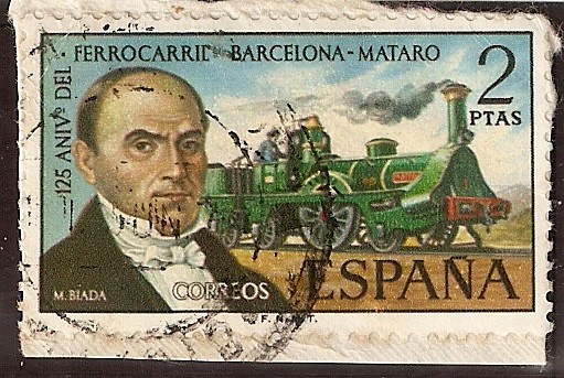 125 Aniversario del Ferrocarril Barcelona-Mataró. M. Biada y locomotora