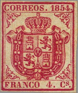 ESPAÑA 1854 33 Sello Nuevo Escudo de España Sin dentar 4c Carmin Papel delgado 