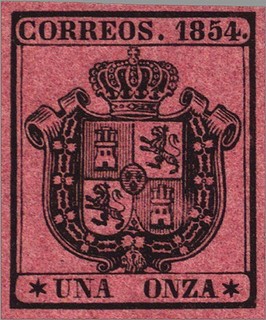 ESPAÑA 1854 29 Sello Nuevo Escudo de España Sin dentar 1o negro sobre rosa 