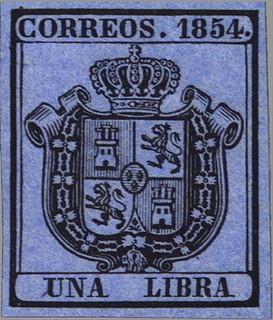 ESPAÑA 1854 31 Sello Nuevo Escudo de España Sin dentar 1libra negro sobre azul 