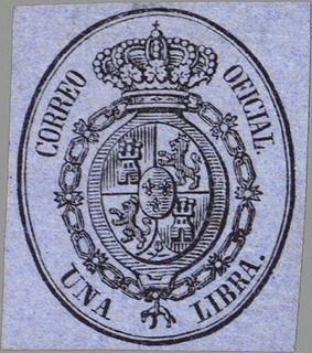 ESPAÑA 1855 38 Sello Nuevo Escudo de España Servicio Oficial Sin dentar 1libra negro sobre azul 