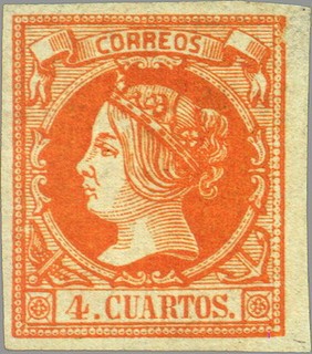 ESPAÑA 1860 52 Sello Nuevo Isabel II sin dentar 4c Naranja sobre Verde Papel Coloreado 