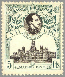 ESPAÑA 1920 299 Sello Nuevo VII Congreso de la UPU Alfonso XIII y Palacio Comunicaciones Madrid 5c V