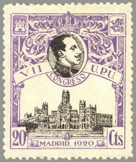 ESPAÑA 1920 302 Sello Nuevo VII Congreso de la UPU Alfonso XIII y Palacio Comunicaciones Madrid 20c 