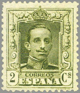 ESPAÑA 1922 310A Sello Nuevo Alfonso XIII Tipo Vaquer 2c Verde Oliva sin nº control al dorso 