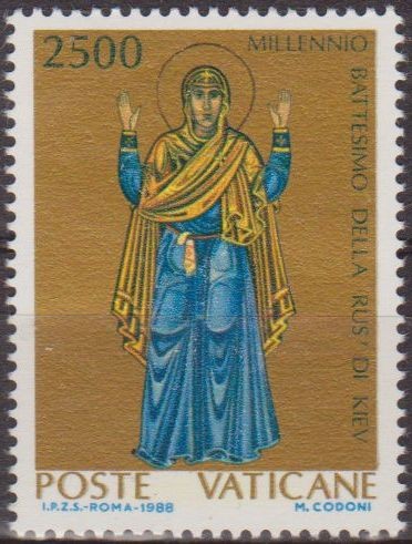 VATICANO 1988 815 Sello Nuevo Bautismo de La Rus de Kiev MNH Madre de Dios Rezando 