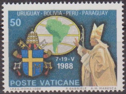 VATICANO 1989 845 Sello Nuevo Viajes Papales MNH Uruguay, Bolivia, Peru, Paraguay