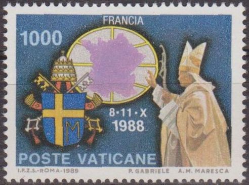 VATICANO 1989 848 Sello Nuevo Viajes Papales MNH Francia