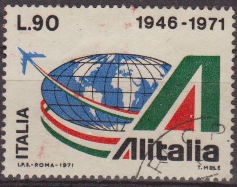 Italia 1971 Scott 1047 Sello Aniversario Compañia Aerea Alitalia Globo Terraqueo 90L usado 