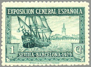 ESPAÑA 1929 434 Sello Nuevo Por Exposiciones de Sevilla y Barcelona nº control dorso Galeon y Vista 