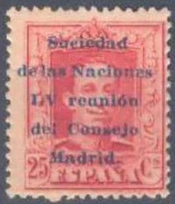 ESPAÑA 1929 461 Sello Nuevo Sociedad Naciones LV Reunión Consejo en Madrid Alfonso XIII Sobrecargado