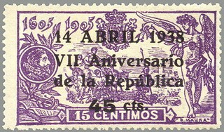 ESPAÑA 1938 755 Sello Nuevo VII Aniversario de la Republica Habilitado 45c - 15c