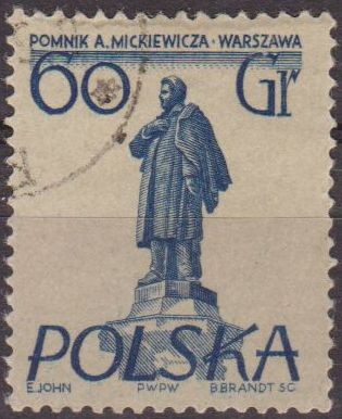 Polonia 1955 Scott 674 Sello Nuevo Monumentos de Varsovia Adam Mickiewicz matasellos de favor