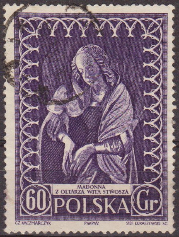 Polonia 1956 Scott 747 Sello Madonna La Virgen de Veit Stoss Usado Polska Poland Polen Pologne 