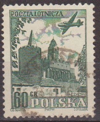 Polonia 1954 Scott C35 Sello Correo Aereo Avion Sobrevolando Castillo Paczkow Luban Usado Polska