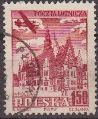 Polonia 1954 Scott C38 Sello Correo Aereo Avion Sobrevolando Ayuntamiento Wroclaw Usado Polska Polan