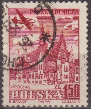 Polonia 1954 Scott C38 Sello Correo Aereo Avion Sobrevolando Ayuntamiento Wroclaw Usado Polska Polen