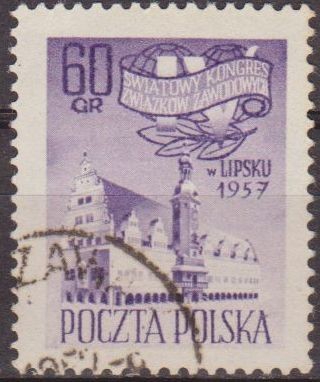 Polonia 1957 Scott 789 Sello Nuevo Feria de Comercio Emblema y Ayundamiento de Leipzig preobliterado