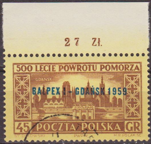 Polonia 1959 Scott 866 Sello Nuevo Ciudades Vistas de Gdansk Sobreimpresion BALPEX I- GDANSK 1959 ma