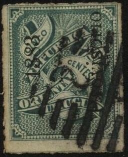 Sello cifra 5 centésimos de 1866 sobreimpreso 1883 provisorio.