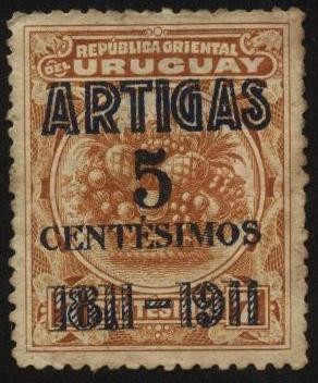 Frutos diversos, sello de 1900 sobreimpreso en 1911 en el centenario de la batalla de las Piedras. 