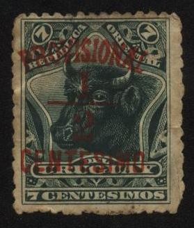 Cabeza de vacuno. 1895 7 centésimos. Sobreimpreso 1898 provisional 1/2 centésimo.