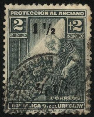 Protección al anciano. 1930 2 centésimos +2 centésimos. Sobretasa 1932 doble impresión una al revés.