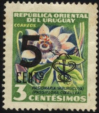 Flor del Mburucuyá. Passiflora coerulea. 1954 3 centésimos. Sobreimpreso