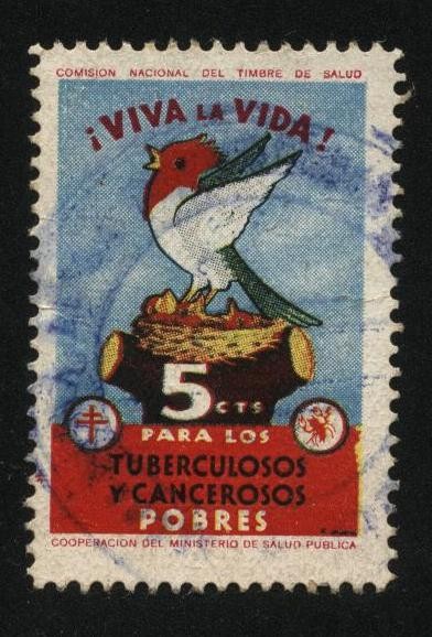 Dibujo ave autóctona cardenal en su nido con pichones. Viva la vida. Timbre de salud de la Comisión 