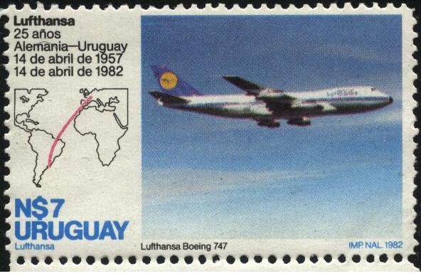 Lufthansa. 25 años de la lìnea Alemania - Uruguay. Boeing 747. 