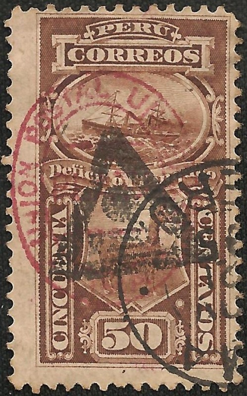 Sello de Multa con sobrecarga de Triangulo y ovalo de la Unión Postal Universal