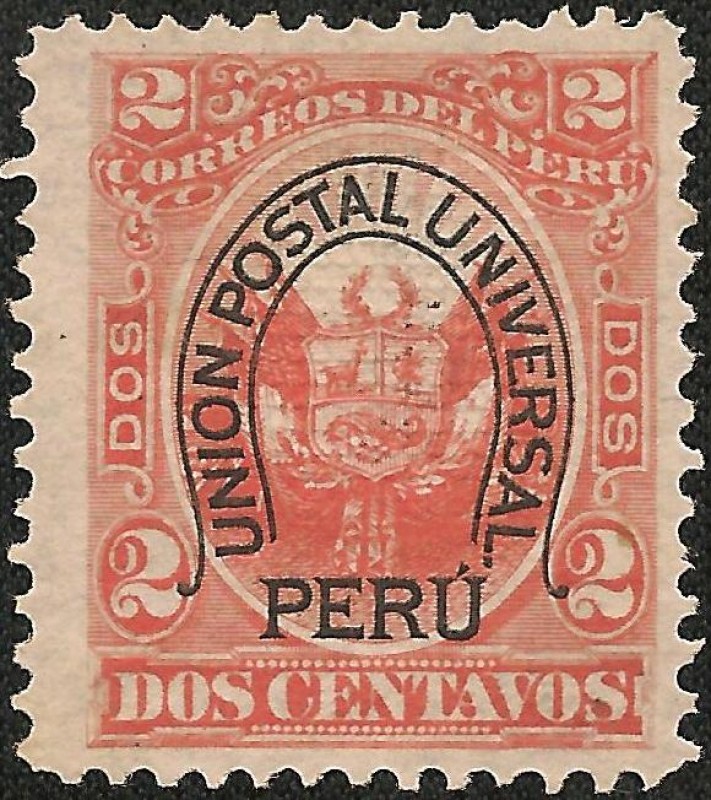 Escudo peruano sobrecargado con doble herradura de la Unión Postal Universal