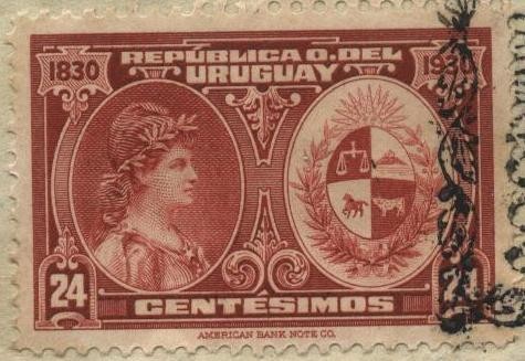 100 años declaratoria independencia del Uruguay. Alegoría a la Libertad y Escudo Nacional Uruguayo. 
