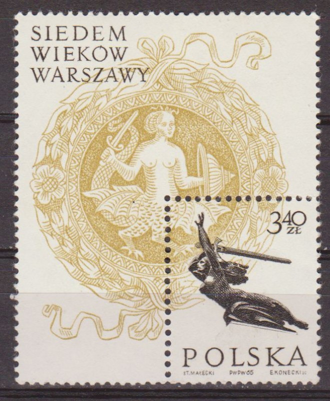 Polonia 1965 Scott 1342 Sello Nuevo Mujer con Espada de Heroes Sirena 700 Aniversario de Varsovia