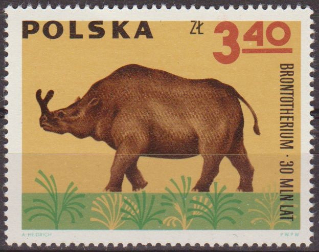 Polonia 1966 Scott 1401 Sello Nuevo Fauna Dinosaurios Vertebrados Prehistoricos Brontotherium Polska