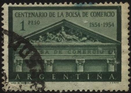 100 años de la Bolsa de Comercio en Argentina. Frente del edificio de la Bolsa de Comercio en Buenos