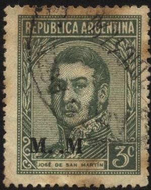 Sello Ministerial de la Nación Argentina. Libertador General San Martín. Sobreimpreso M..M Ministeri
