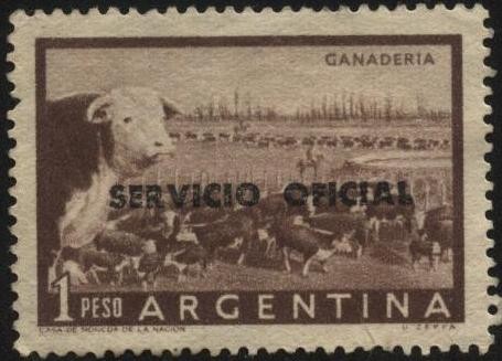 Sello del Servicio Oficial de la Nación. Riquezas argentinas. Ganadería. Sobreimpreso SERVICIO OFICI