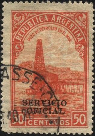 Pozo de petróleo en el mar. Sobreimpreso SERVICIO OFICIAL.