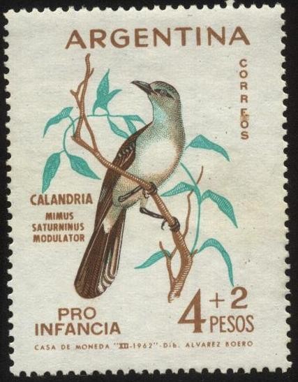 Emisión de sellos PRO INFANCIA de la Argentina.  Ave autóctona. Calandria -mimus saturninus modulato