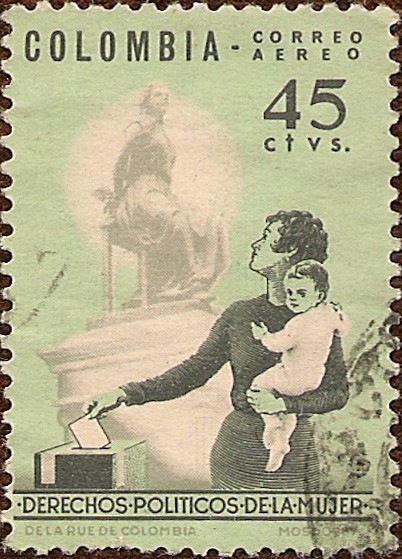 Derechos Políticos de la Mujer (Madre y niño en las urnas con monumento).