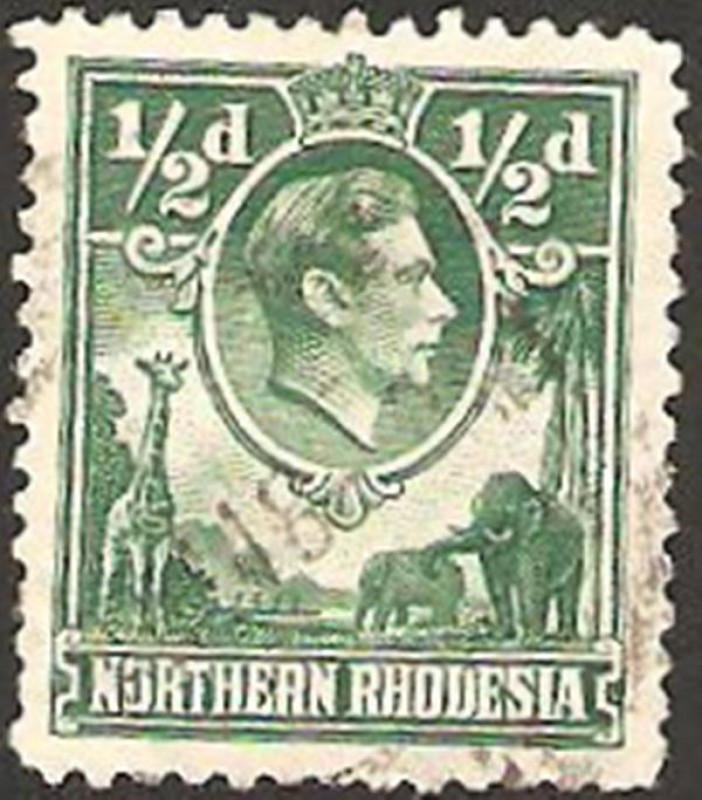 rhodesia del norte - george VI, jirafa y elefantes