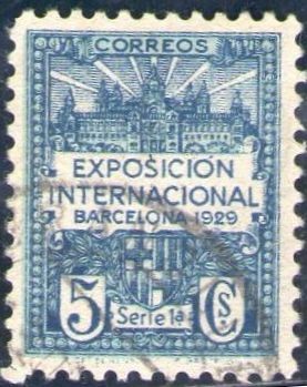 España Barcelona 1929 Edifil 1 Sello Vistas de la Expo y escudo de la ciudad con nº control al dorso