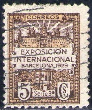 España Barcelona 1929 Edifil 3 Sello Vistas de la Expo y escudo de la ciudad con nº control al dorso