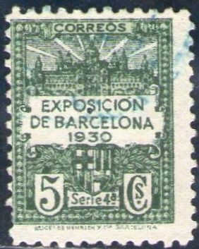 España Barcelona 1929 Edifil 4 Sello Vistas de la Expo y escudo de la ciudad con nº control al dorso