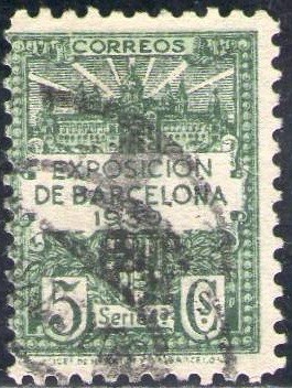 España Barcelona 1929 Edifil 4 Sello Vistas de la Expo y escudo de la ciudad con nº control al dorso