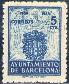 España Barcelona 1943 Edifil 56 Sello Nuevo Escudos Nacional y de la ciudad con nº control al dorso 