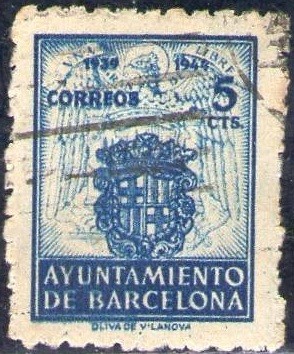 España Barcelona 1943 Edifil 56 Sello Escudos Nacional y de la ciudad con nº control al dorso Usado 