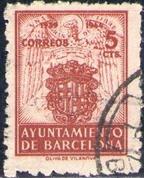España Barcelona 1943 Edifil 58 Sello Escudos Nacional y de la ciudad con nº control al dorso Usado 