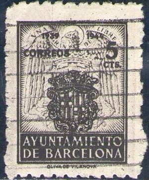 España Barcelona 1943 Edifil 58 Sello Escudos Nacional y de la ciudad con nº control al dorso Usado 